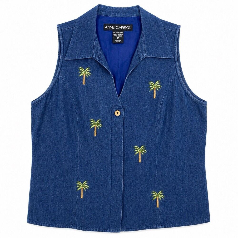 Vintage Y2K Anne Carson Denim Palm Tree Embroidered Vest Women XL Tropical
